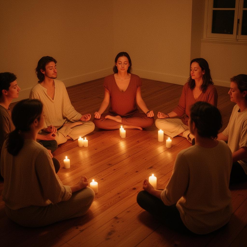 Círculo íntimo de personas con velas, luz cálida